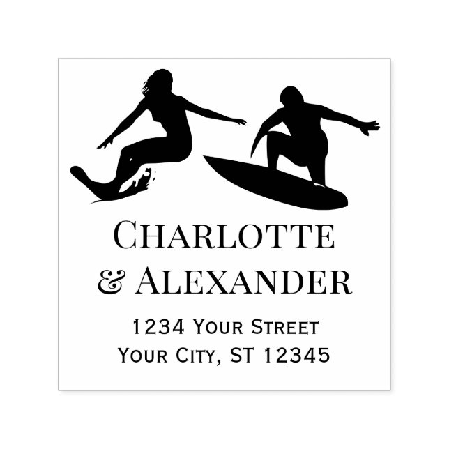 Couple Surfing Surfers Names Return Address Self-inking Stamp (Design)