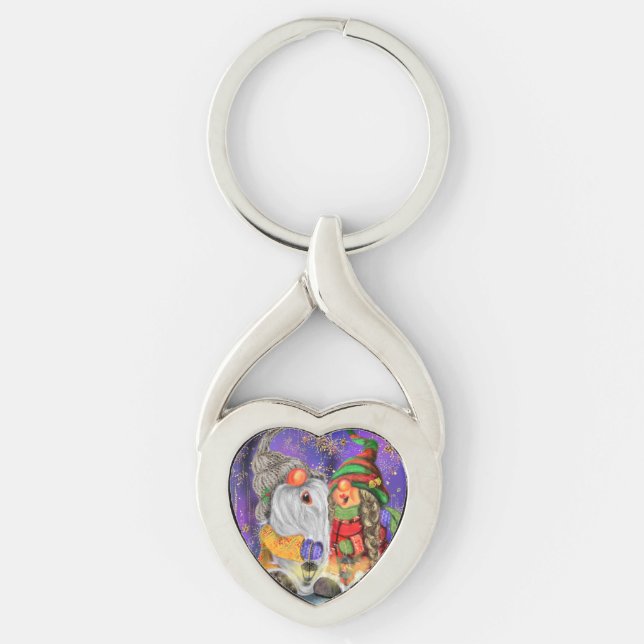 Couple Sweet Gnomes Singing Happy Christmas Song  Keychain (Front)