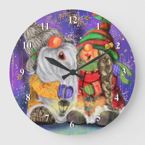 Couple Sweet Gnomes Singing Happy Christmas Song Large Clock