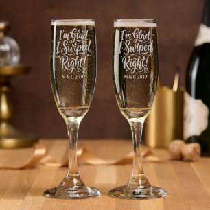 Couple Swiped Right Custom Name Date Script Champagne Flute