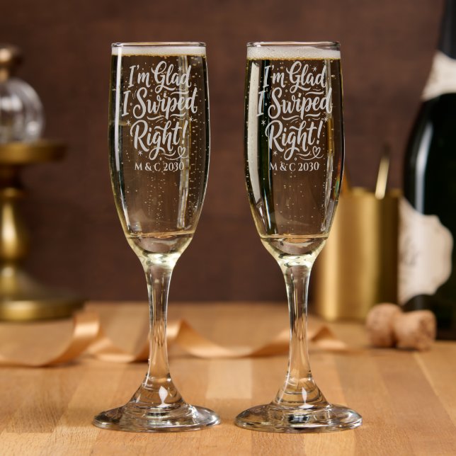 Couple Swiped Right Custom Name Date Script Champagne Flute (Party)