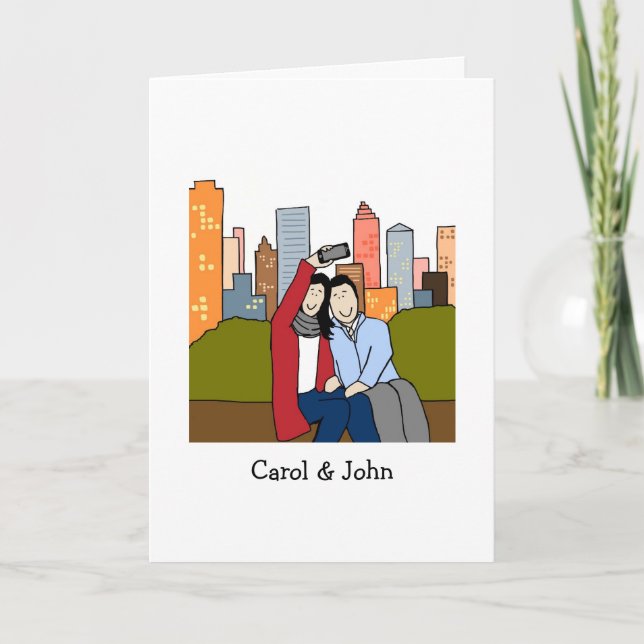 Couple taking selfie- personalized cartoon card (Front)