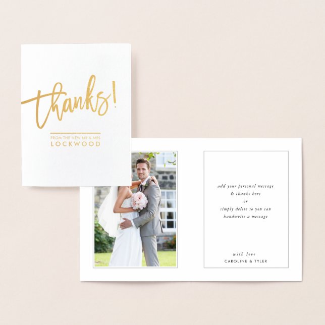 COUPLE THANKS newlywed photo modern minimal script Foil Card (Display)