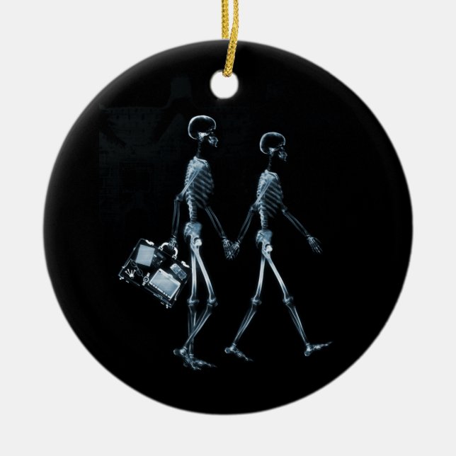 Couple Traveling X-Ray Vision Skeletons - Blue Ceramic Ornament (Front)