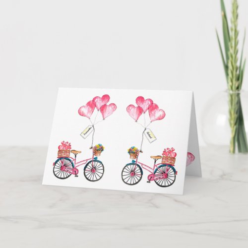 Couple Valentine Pink Blue Bike Balloon Heart Love Holiday Card