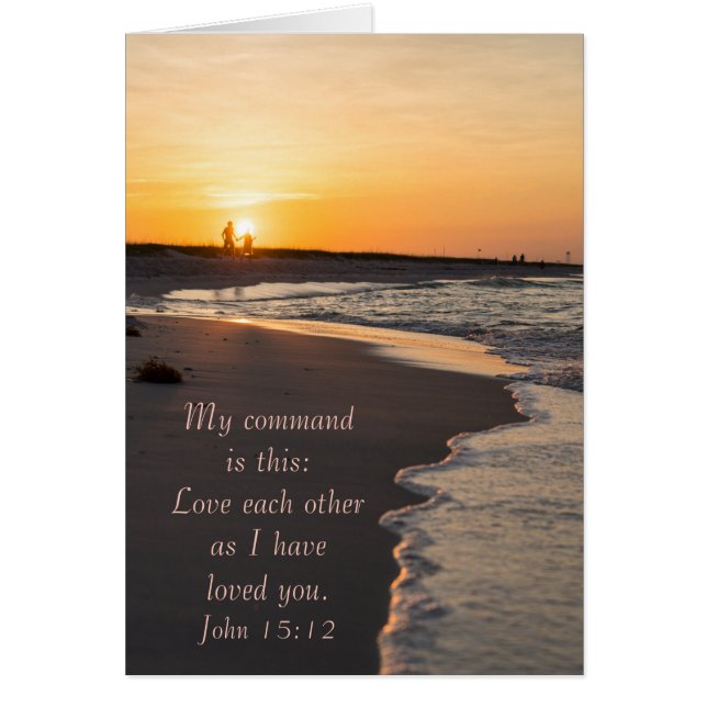 Couple Walking Beach At Sunrise John 15:12 Card (Front)