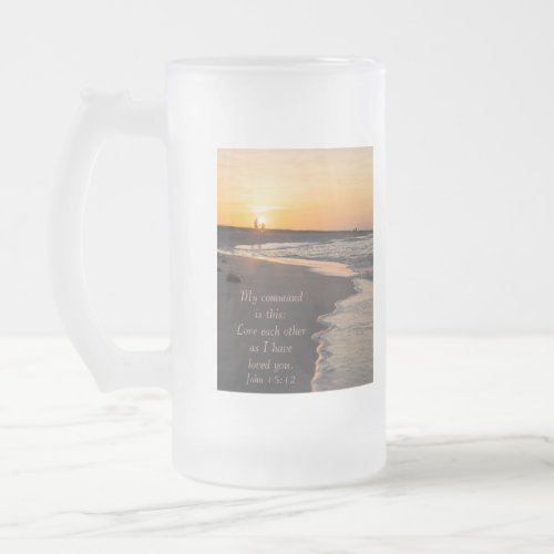 Couple Walking Beach At Sunrise John 15 12 Frosted Glass Beer Mug