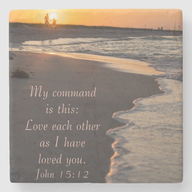 Couple Walking Beach At Sunrise John 15 12 Stone Coaster (Front)