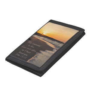 Couple Walking Beach At Sunrise John 15 12 Tri-fold Wallet