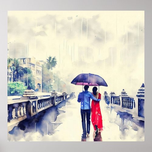 Couple walking in rain poster