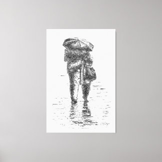 Couple walking in the rain canvas print