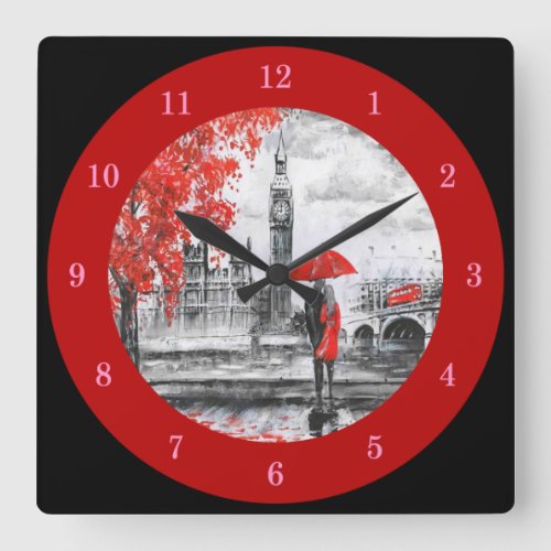 Couple Walking in the Rain Under an Umbrella Squar Square Wall Clock