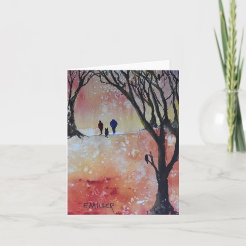 Couple walking the dog small folded card