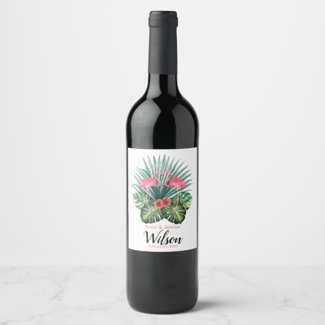 Couple Watercolor Flamingo Wine Sparkling Wine Lab Wine Label (Front)