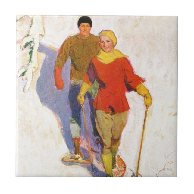 Couple Wearing Snowshoes by McClelland Barclay Ceramic Tile (Front)