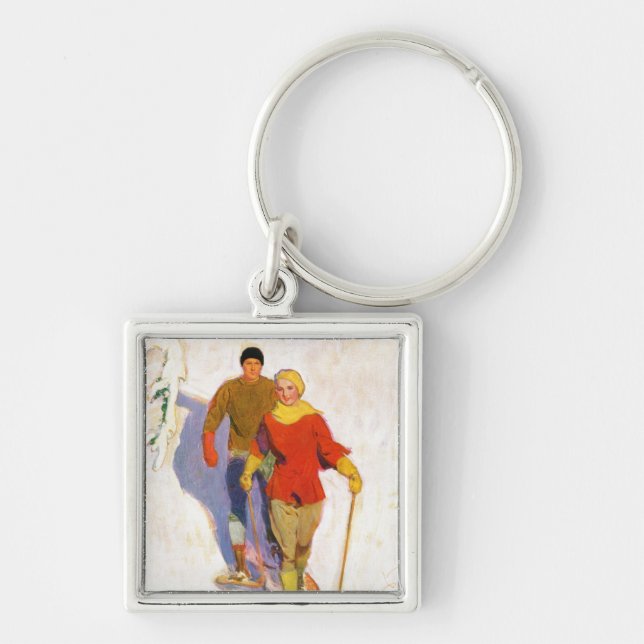 Couple Wearing Snowshoes by McClelland Barclay Keychain (Front)
