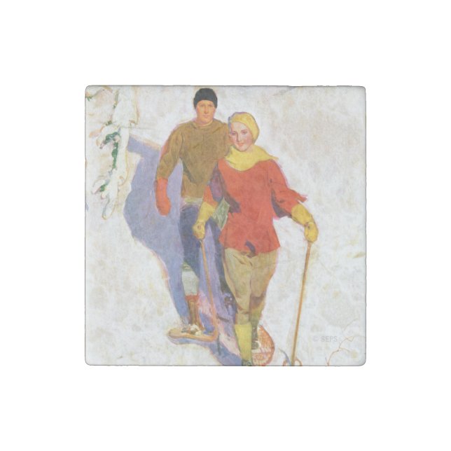 Couple Wearing Snowshoes by McClelland Barclay Stone Magnet (Front)