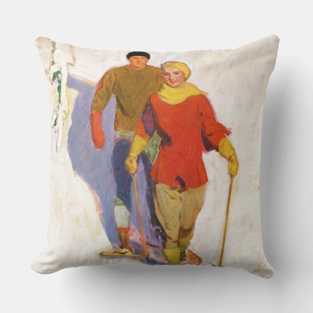 Couple Wearing Snowshoes by McClelland Barclay Throw Pillow (Front)