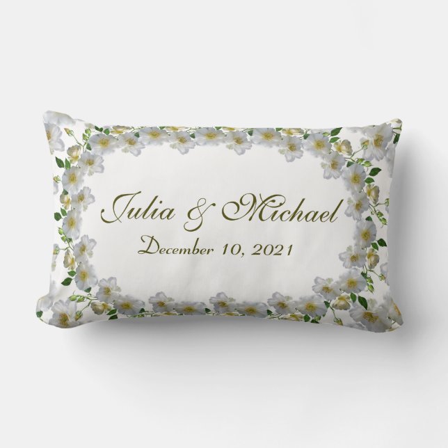 Couple Wedding Gift White Roses Greenery Lumbar Pillow (Front)