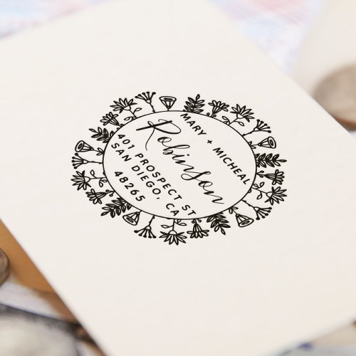 Couple Wedding Return Address Elegant Leaves Rubber Stamp