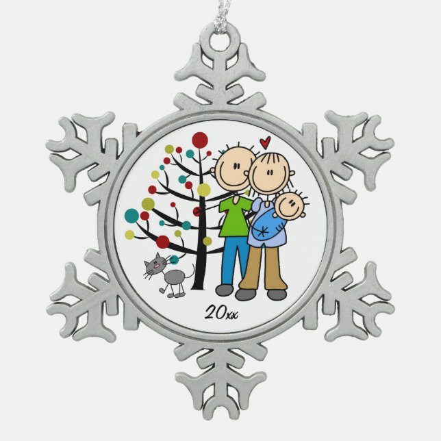 Couple With Baby Boy and Cat Snowflake Ornament (Front)