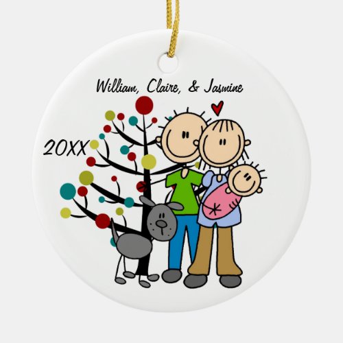 Couple With Baby Girl and Dog Custom Ornament