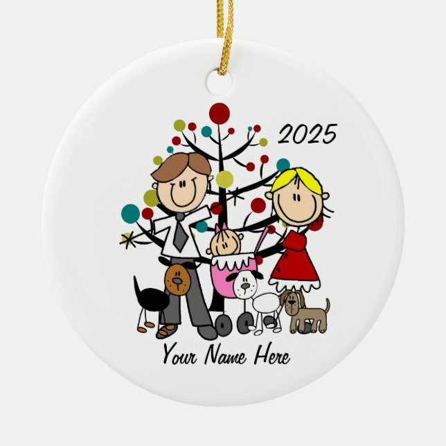 Couple with Baby Girl Three Dogs Ceramic Ornament (Front)