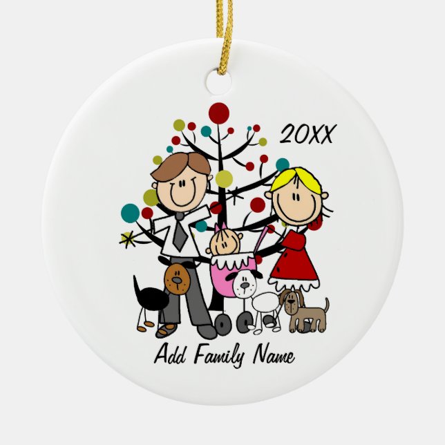 Couple with Baby Girl Three Dogs Ceramic Ornament (Front)