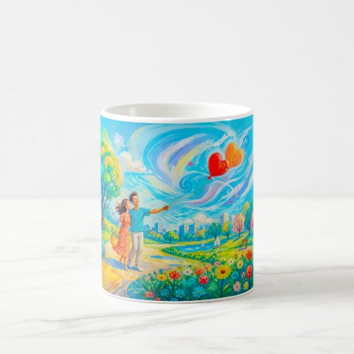 Couple with heart balloons in windy park coffee mug