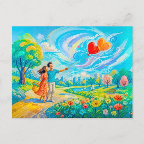 Couple with heart balloons in windy park postcard