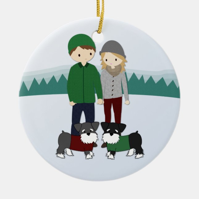 Couple with two schnauzers Christmas Ornament (Front)