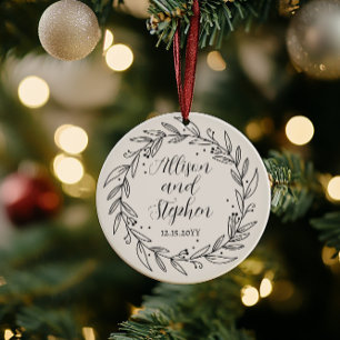 Couple Wreath Names   Wedding Date Photo Keepsake Ceramic Ornament