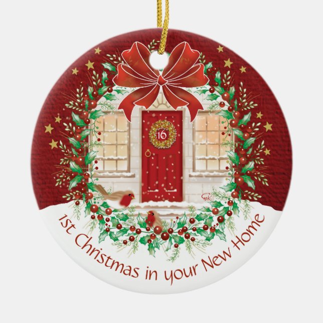 Couple's 1st Christmas New Home, 2 Robins Ceramic Ornament (Front)