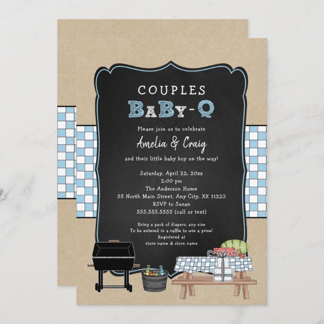 Couples Baby Q, boy BBQ baby shower Invitation (Front/Back)