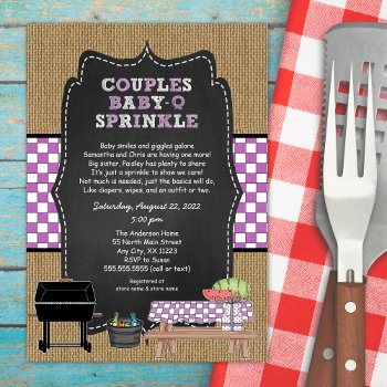 Couples Baby Q Sprinkle Purple Invitation by lemontreecards at Zazzle
