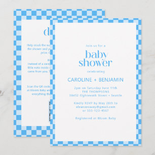 Couples Baby Shower All in One Blue Check Retro Invitation