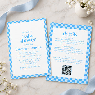 Couples Baby Shower All in One Blue Check Retro Invitation