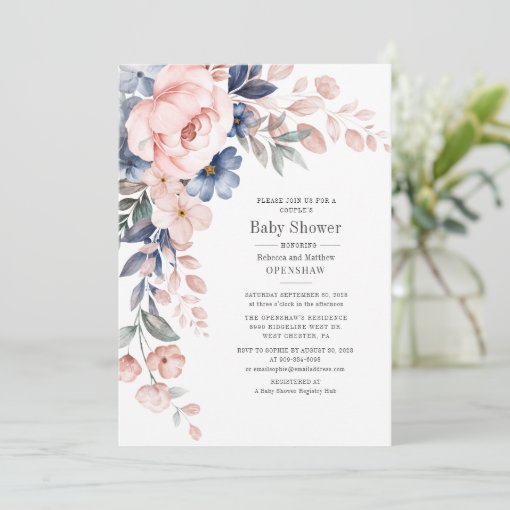 Couples Baby Shower Bloom Floral Blue Pink Invitation 