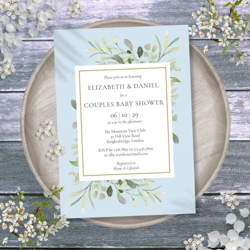 Couples Baby Shower Blue Eucalyptus Greenery Invitation