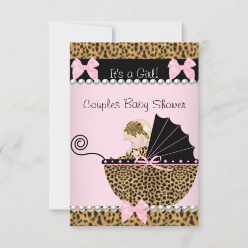 Couples Baby Shower Cute Blonde Girl Pink Leopard Invitation