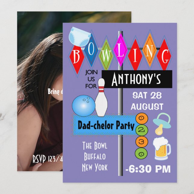 Couples Baby Shower Dad-chelor Retro Bowling Party Invitation (Front/Back)