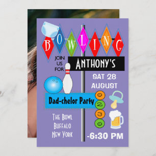 Couples Baby Shower Dad-chelor Retro Bowling Party Invitation
