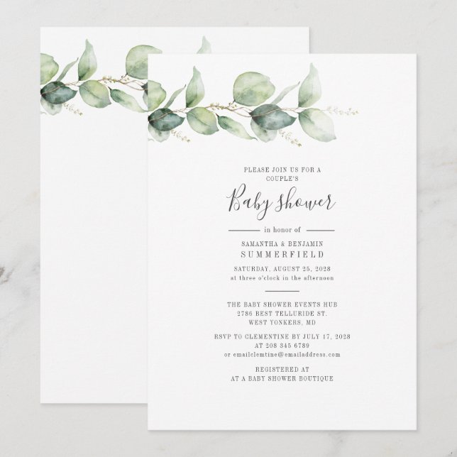 Couples Baby Shower Eucalyptus Greenery Foliage Invitation (Front/Back)