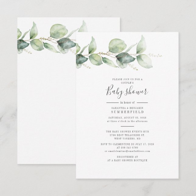 Couples Baby Shower Eucalyptus Greenery Leaves Invitation (Front/Back)