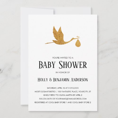 Couples Baby Shower Faux Gold Foil Stork w Bundle Invitation