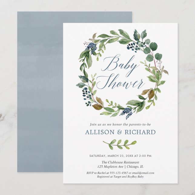 Couples baby shower, gender neutral greenery blue invitation (Front/Back)