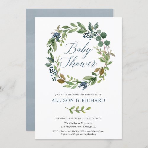 Couples baby shower gender neutral greenery blue invitation