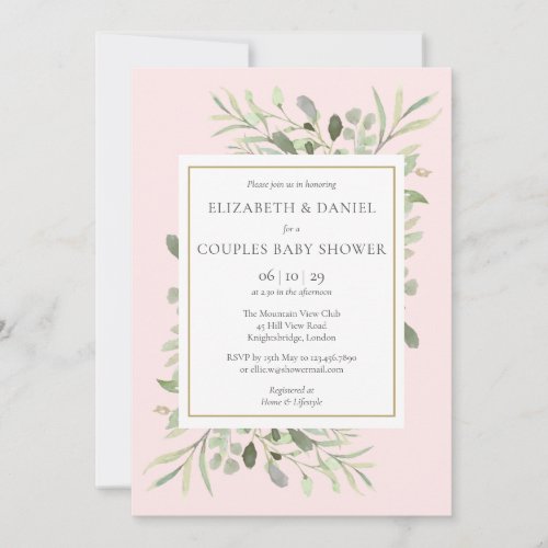 Couples Baby Shower Girl Pink Eucalyptus Greenery Invitation