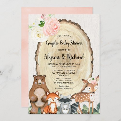 Couples baby shower girl pink woodland animal invitation