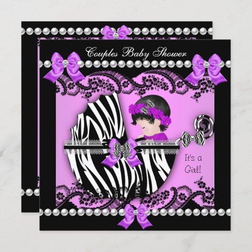 Couples Baby Shower Girl Zebra Purple Invitation